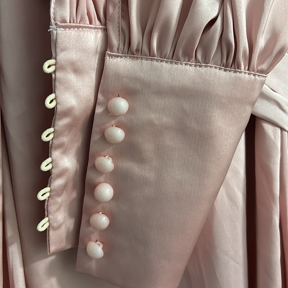 SHEIN Long Sleeve satin ruffle trim wrap dress, light pink, SZ Medium - Picture 3 of 4